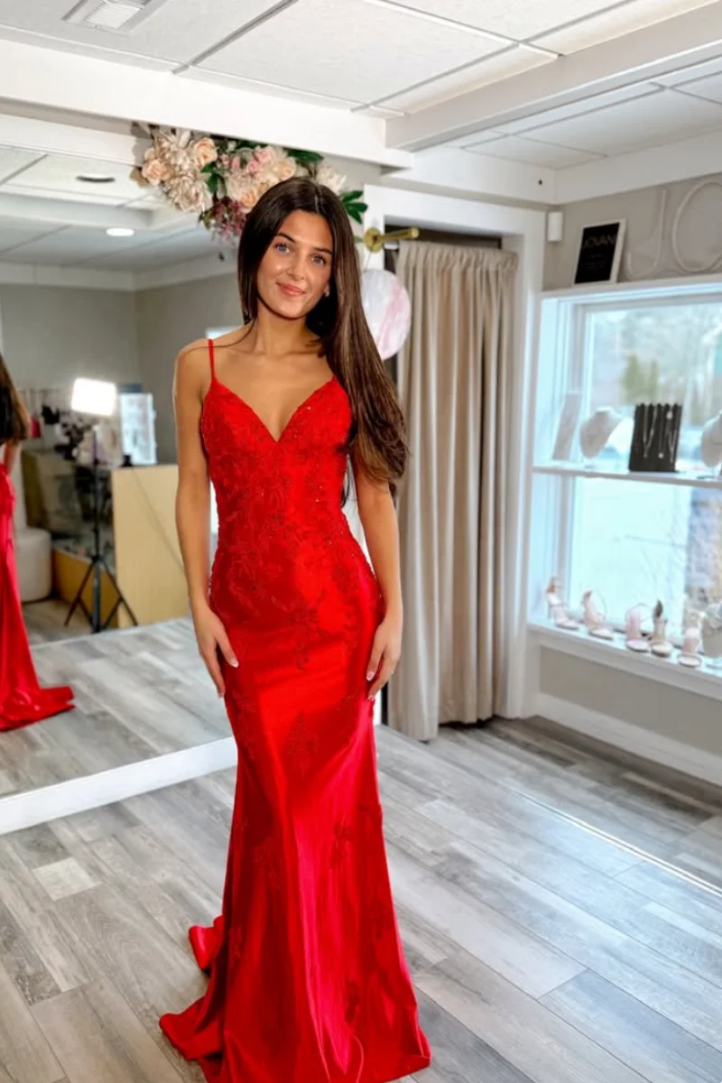 Jessica Sweet Red Spaghetti Straps Evening Dresses Slim-fit Simulated Silk Satin Prom Dresses Sexy Backless Dress Party Dresses view 5