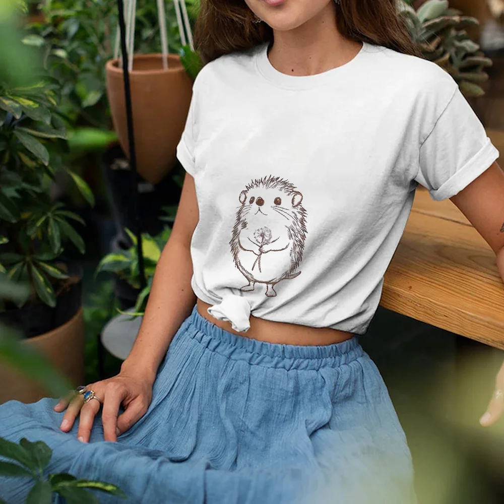 Women's Summer Fashion Short-sleeved New Cartoon Hedgehog and Donkey for Casual Wear Graphic T Shirts Print Round-neck T-shirt