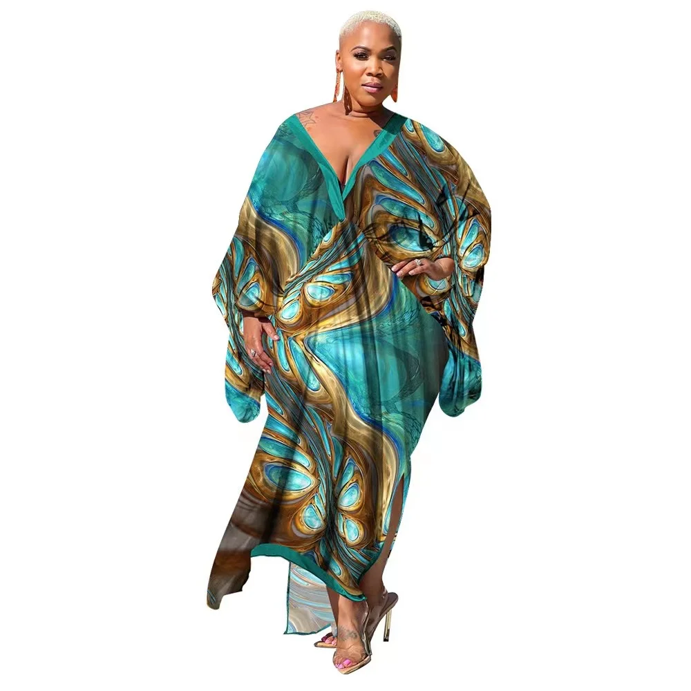 Ramadan Plus Size All Over Pattern Kaftan Dress, Elegant African Women V-neck Maxi Dress, Women's Plus Size Clothing