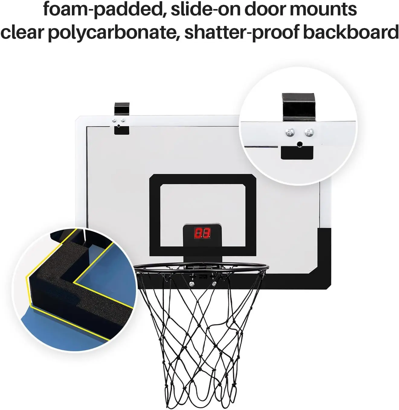 電子スコアリングバスケットボールフープ、4つのボールを備えたスラムダンク、ブレークアウェイリム、耐衝撃性、ドアセーフ取り付け、簡単な取り付け