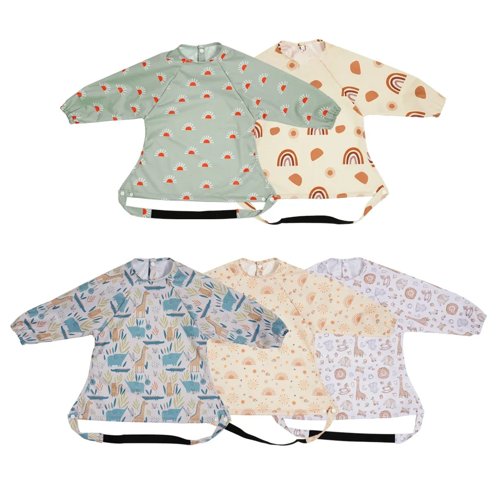 HappyFlute nouveau une pièce utilisation de Table Polyester imperméable nouveau imprimé boutons pression conception à manches longues anti-désordre bavoirs d'alimentation pour bébé
