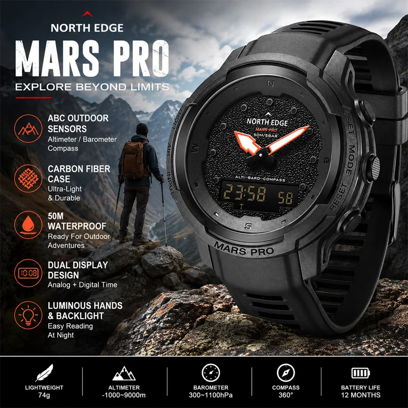 Montre de plein air NORTH EDGE MARS PRO pour hommes, altimètre, baromètre, boussole, affichage numérique analogique double, fibre de carbone, étanche 50M, nouvelle