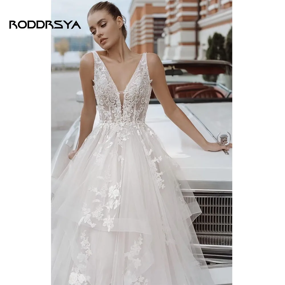 RODDRSYA Boho Elegant Wedding Dress For Women 2023 V-Neck Appliques Backless Criss-Cross BrideGown Vestidos De Novia Custom Made