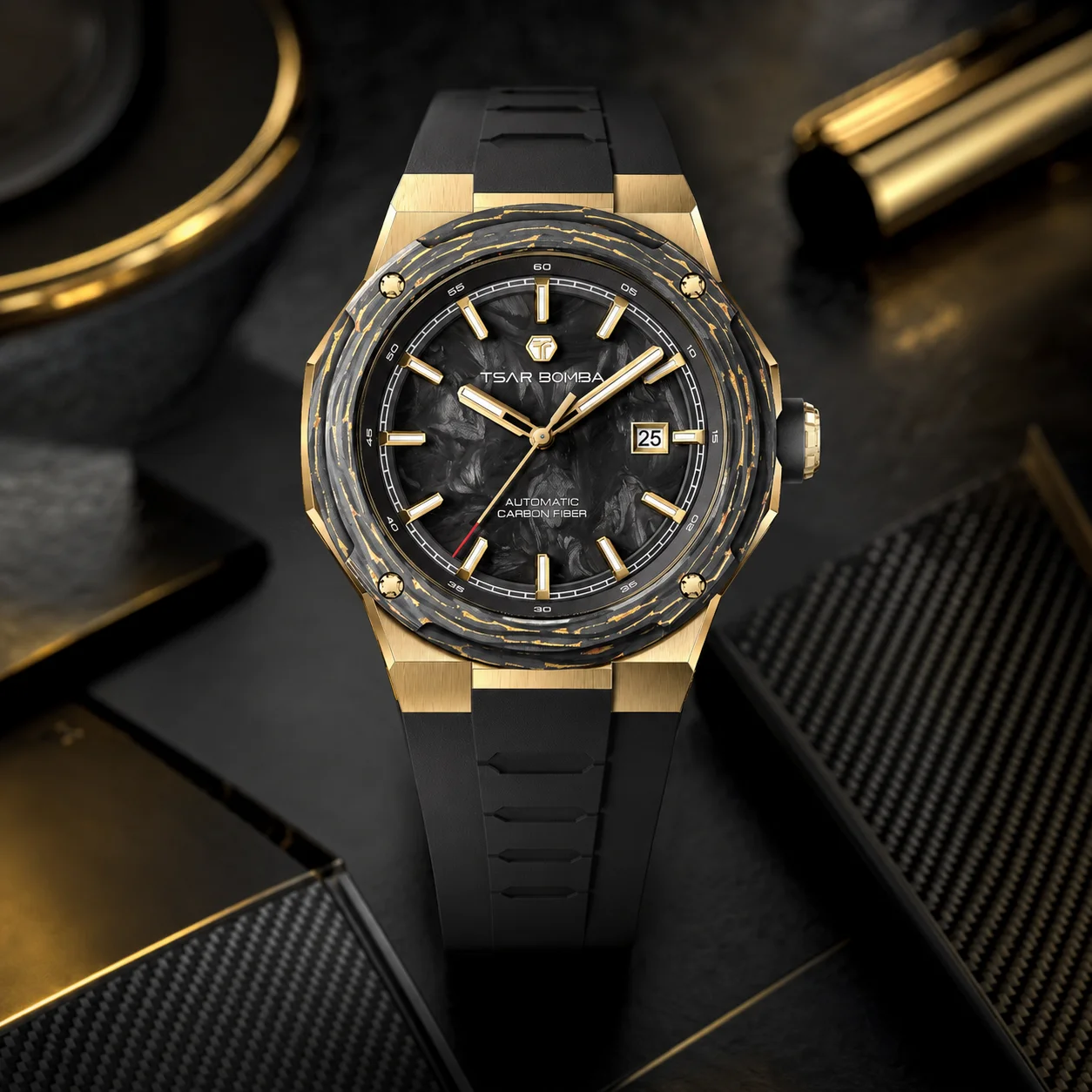 TSAR BOMBA TB8230 Men's Automatic Mechanical Skeleton Watch, Miyota Movement, 316L Steel, Sapphire Crystal, Carbon Fiber Bezel, FKM Strap, 10ATM Luxury Sport Watch