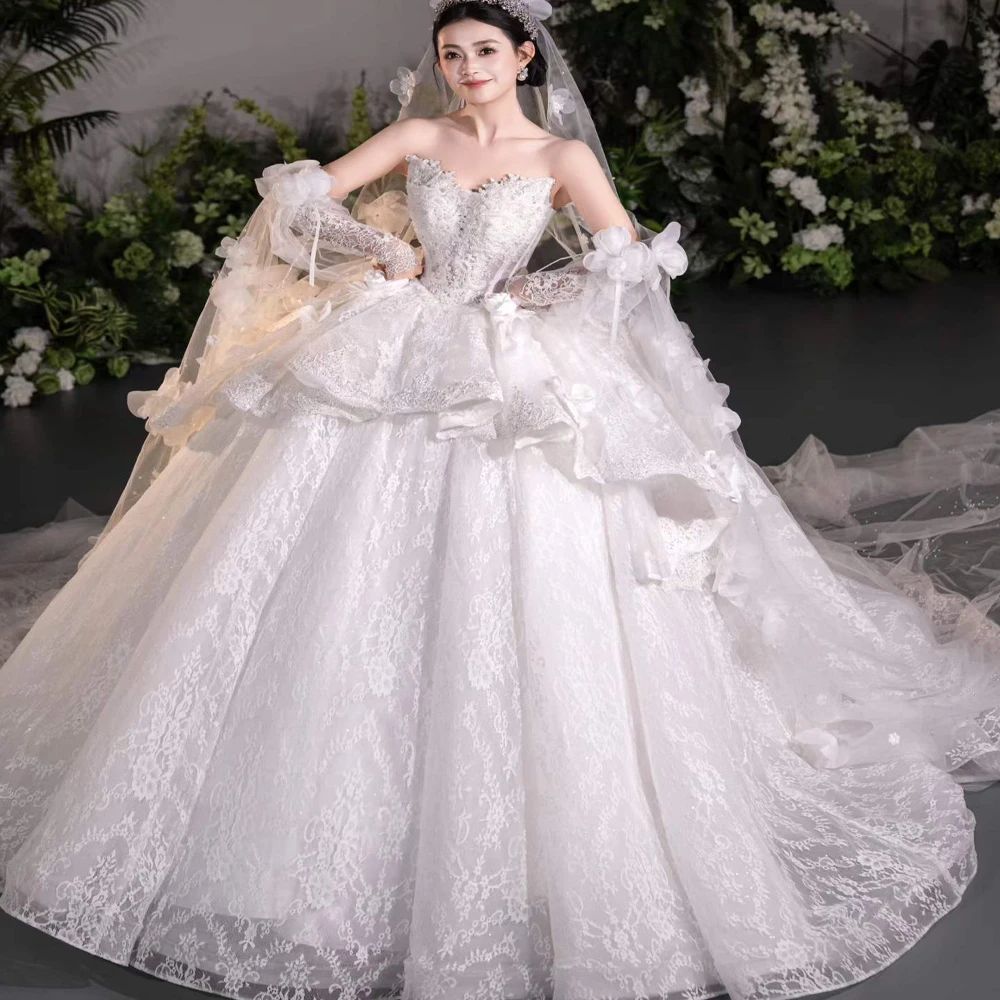 

Lace Wedding Dresses With Veil Gloves Sweetheart Beading Ball Gown Vestido De Novias