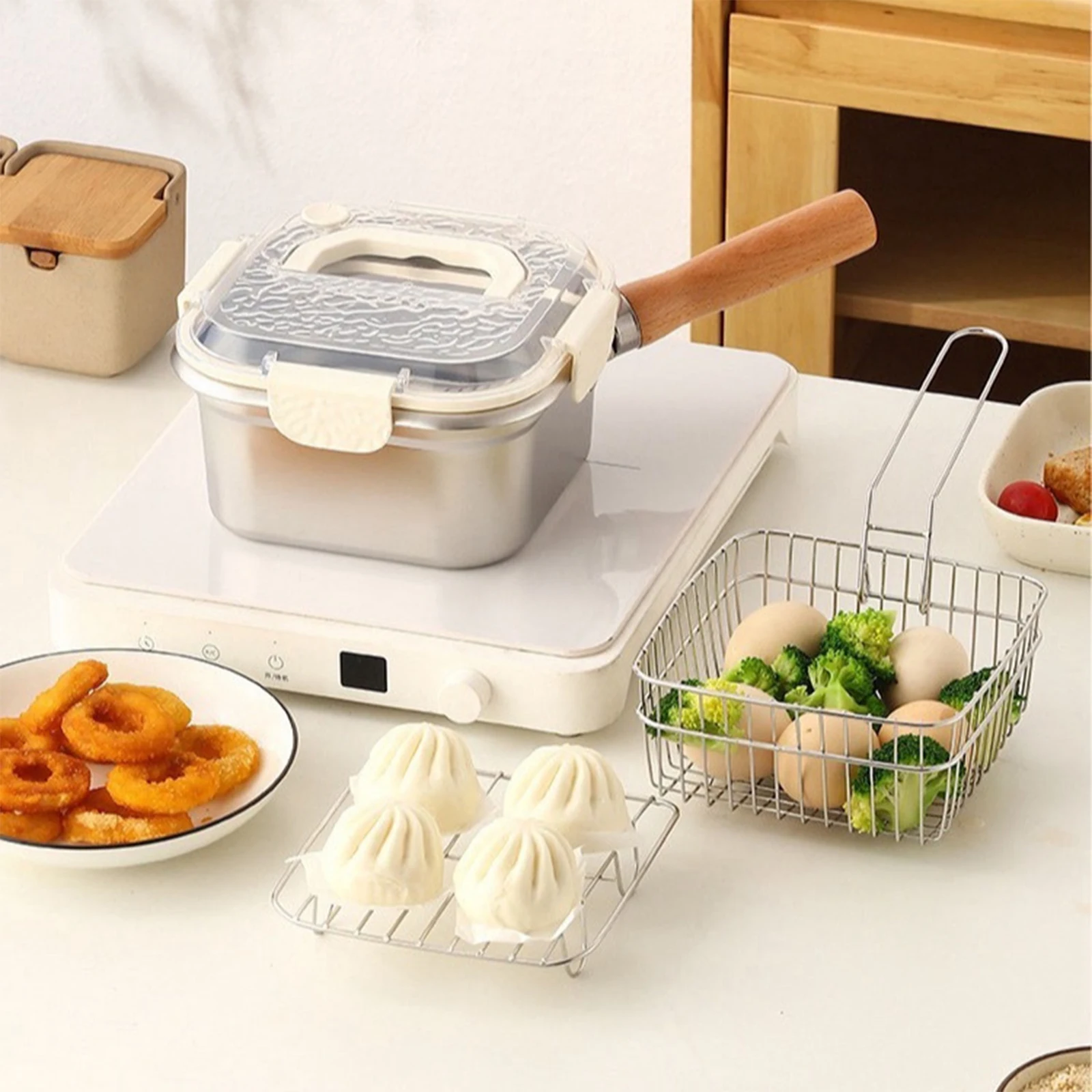 

Корзина для фритюрницы из нержавеющей стали, кастрюля для фритюрницы, многофункциональная квадратная кастрюля для приготовления пищи, сетчатая корзина для еды с ручками, кухонный инструмент