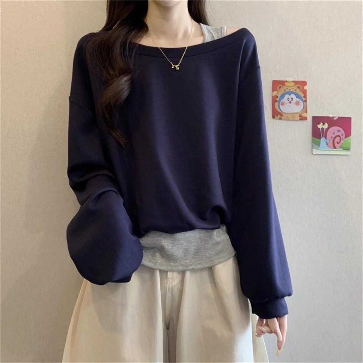 Solide Zweiteilige Unregelmäßige Kontrast-Trend-Oberteile Frühling Herbst Locker Sitzende Alltagstaugliche Street-Casual-T-Shirts Modische Lässige Damenkleidung – Detail 6