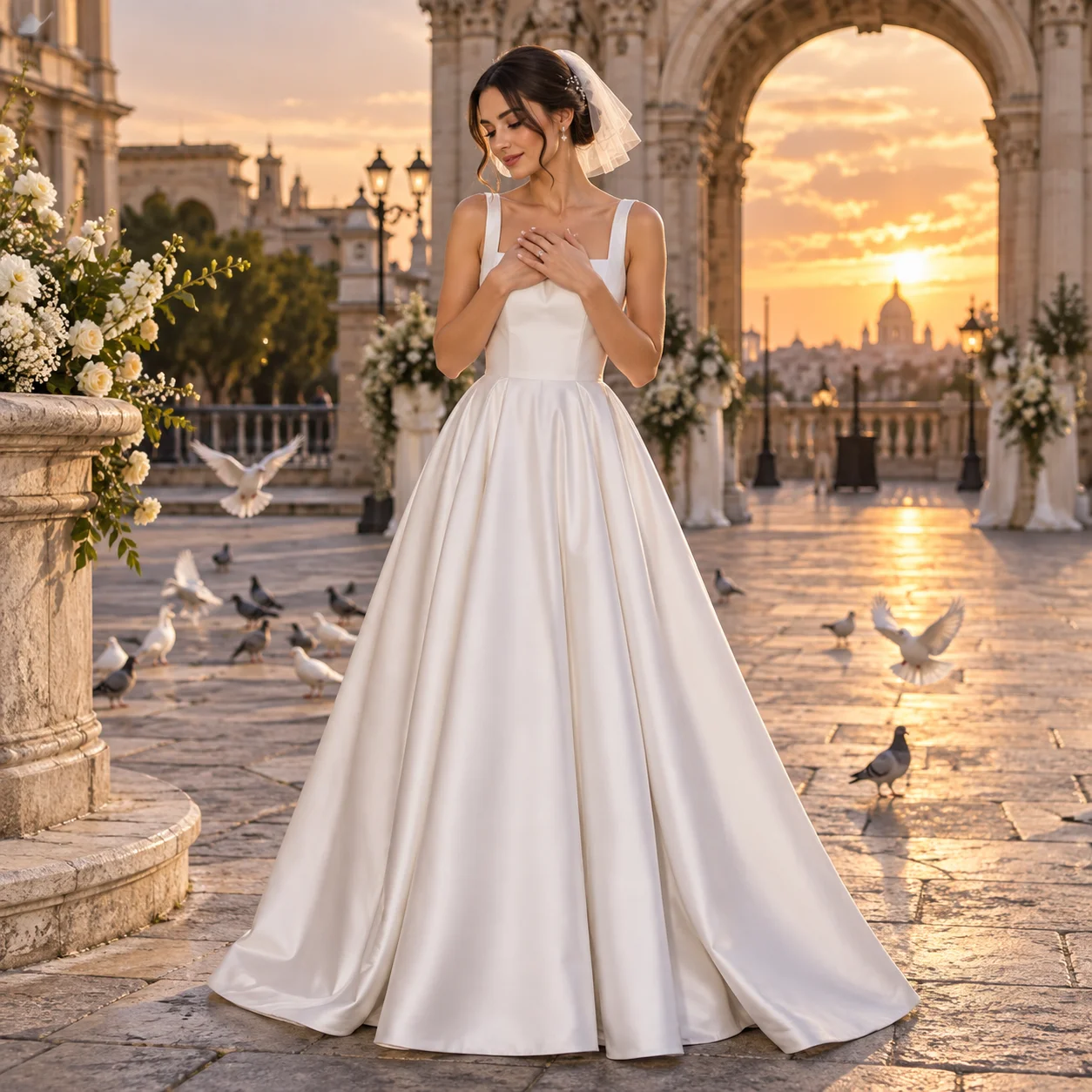 Satin Wedding Dresses Square Neck Sleeveless A-Line Bridal Gown Backless Floor Length Simple Bridal Dresses Customized