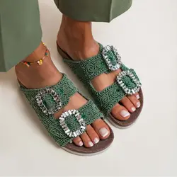 Knit Detail Double Buckle Women's Slippers Woman Handmade Sequined Cloth Open Toe Double Buckle Flat Bottom Non-slip Comfortable