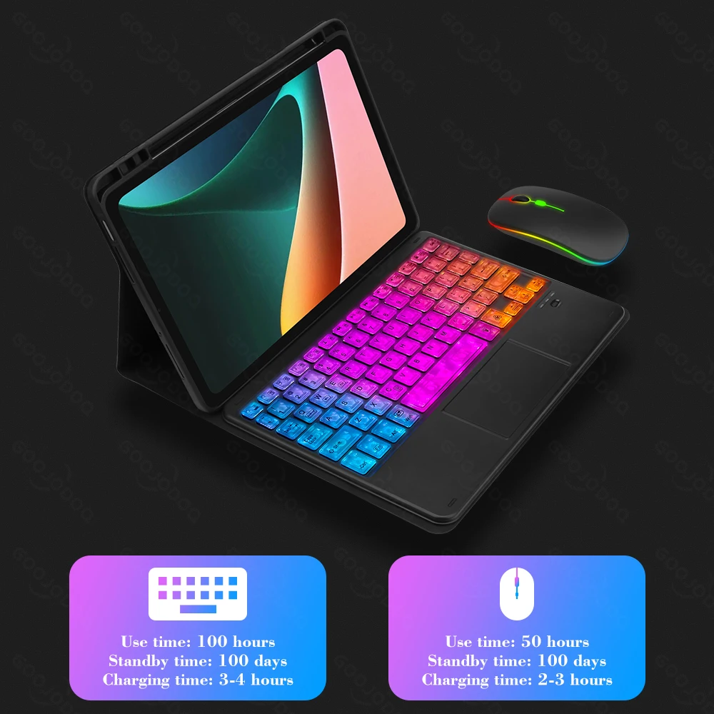 Capa de Teclado com Slot para Caneta para Xiaomi Mi Pad 5 Pro, Português, Russo, Rainbow, Capa de Teclado Bluetooth, 2021