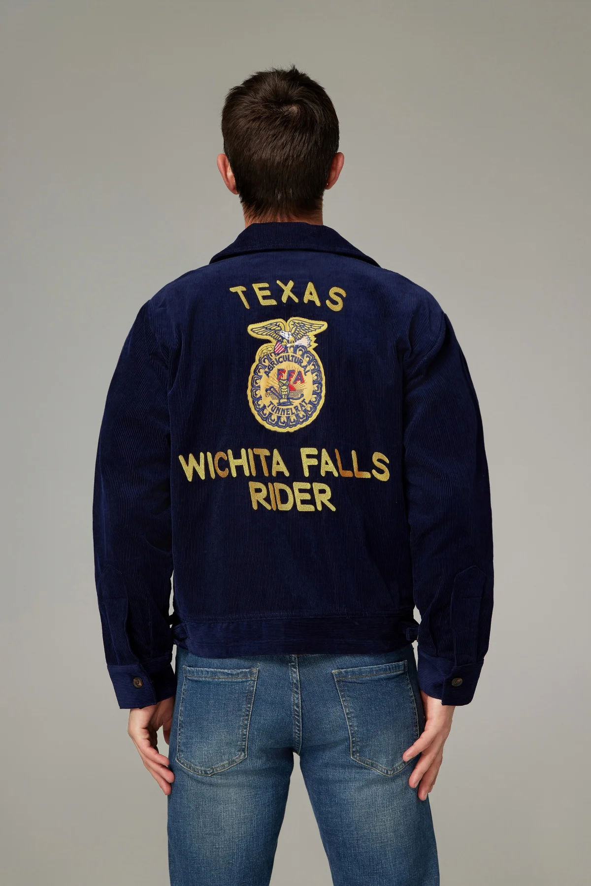 سروال قصير عتيق 60s ديترويت أزرق كحلي مقصوص ريترو خفيف الوزن منفوخ كاوبوي مطرز للعمل Ffa سترة سائق شاحنة قطنية للرجال