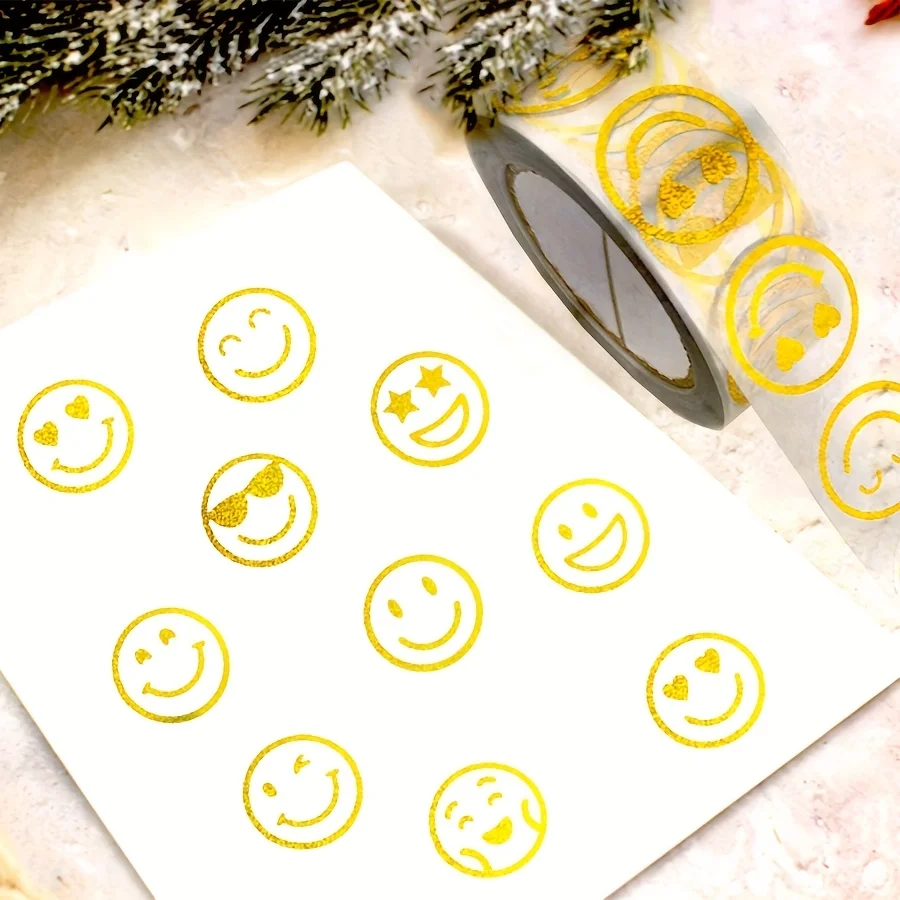 Gold Foil Smile Stickers Roll 500 Pcs, 10 Designs 1 Inch Round Glossy Adhesive Labels for Scrapbooks, Journals, Envelopes