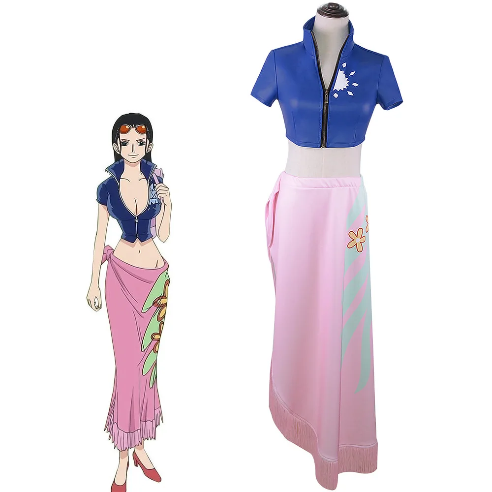 

1 Piece Nico Robin Cosplay Costume Dressrosa Arc Outfit Women Blue Crop Top Pink Skirt Halloween Carnival Party Role Play Suit