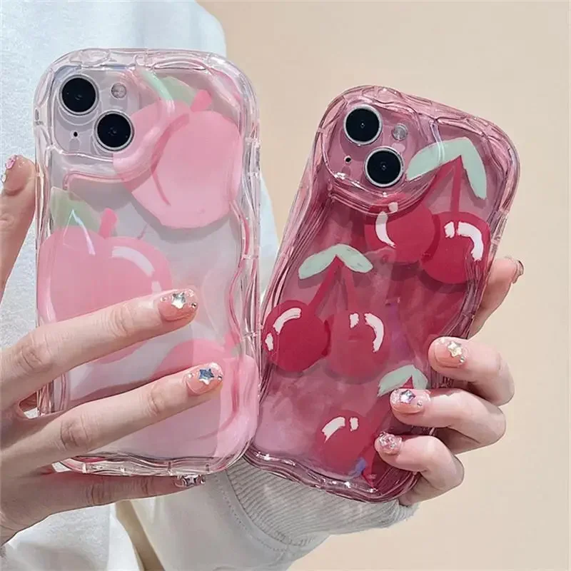Coque de téléphone fleur amour coeur cerise, étui souple à bord ondulé pour IPhone 16 15 Pro Max 14 11 13 12 Mini XR 8 7 Plus X XS SE 2020 2022