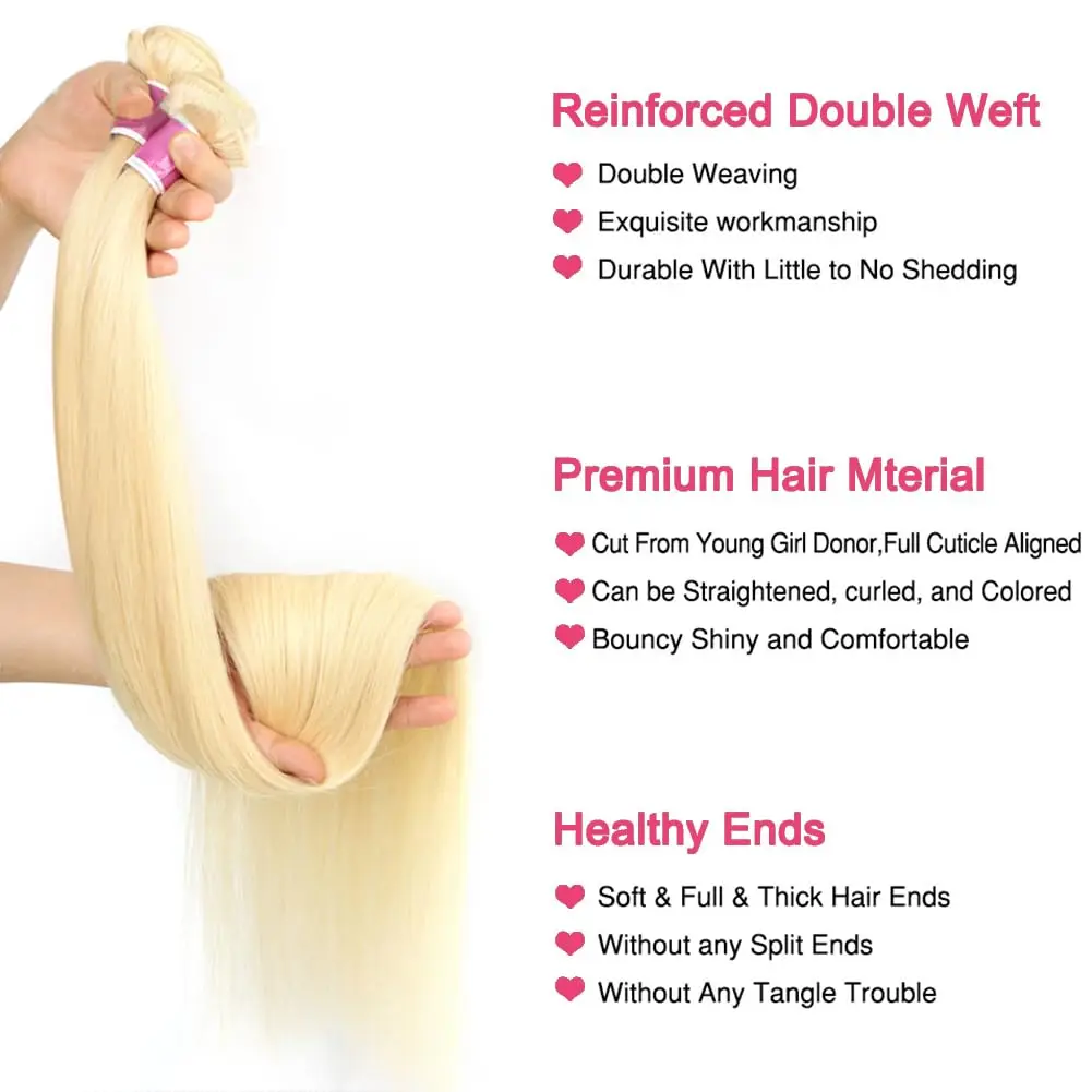 Bundles brésiliens de cheveux humains raides blonds, 613 cheveux humains vierges non transformés, 26 ", 28", 30 ", 100%