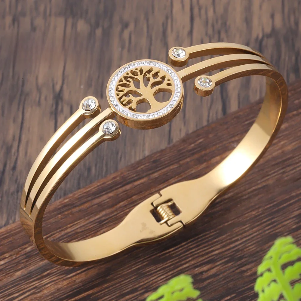 Damen Luxus Designer Armreif Edelstahl Schmuck Baum des Lebens Trend 2024 Pflanze Manschette Armband