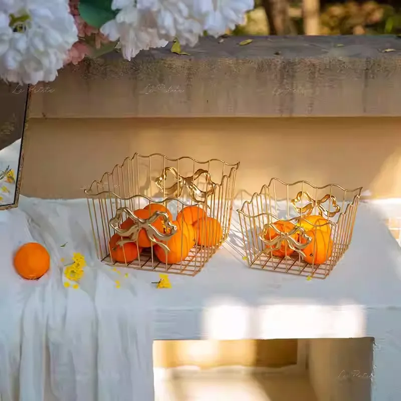 Luxury Gold Bow Metal Wire Basket Set of 2, Anti-Rust Fruit Bread Towel Holder, Kitchen Bathroom Desktop Organizer