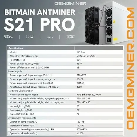 NEUER Bitmain S21 Pro 234Th 3510w Miner Asic Miner mit Garantie