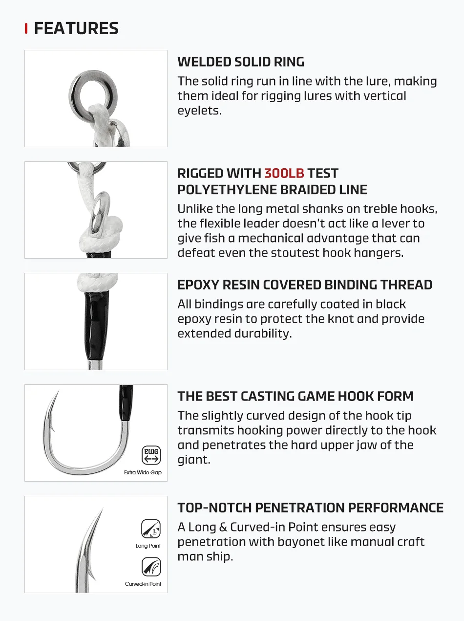 NOEBY Plugging Inline Single Assist Hook 5X Angelhaken 4/0 5/0 6/0 7/0 Lockenhaken Big Game Saltwater Tuna GT Angelgerät – Detail 5
