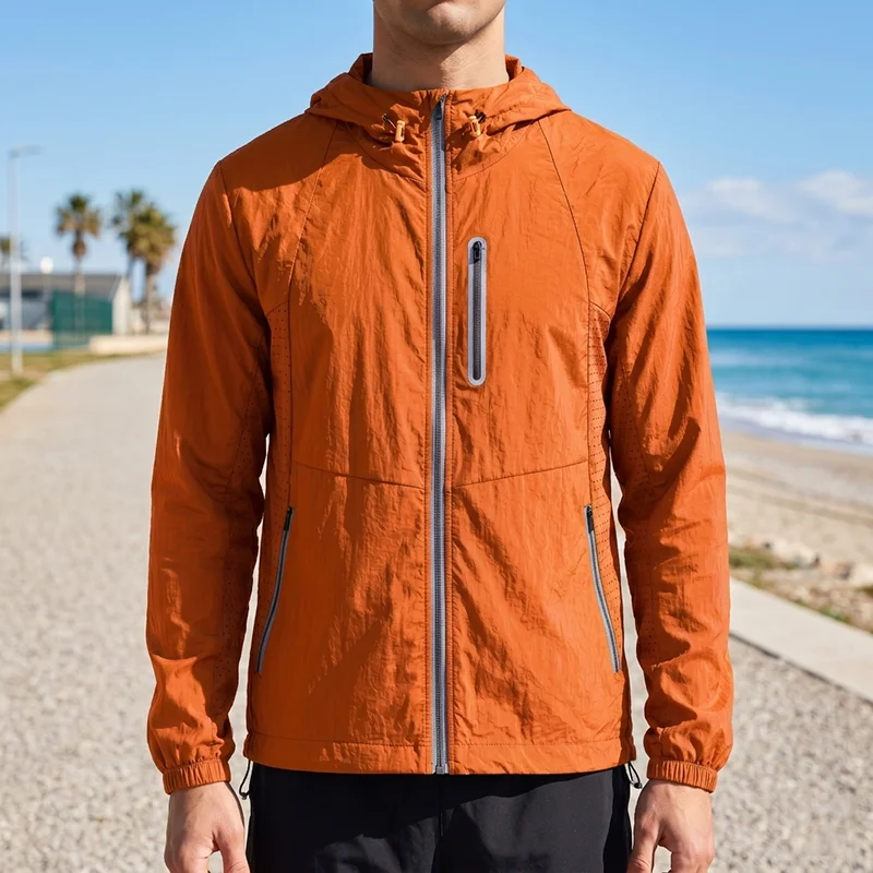 3M Reflective Men's Hooded Jackets Outdoor Sun Protection Windbreaker Front Reflective Strip Zipper Pocket Thin Cycling Jacket