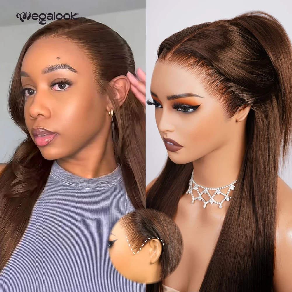 

Chocolate Brown 13x6 HD Glueless Human Hair Lace Front Wigs Wear and Go Pre Plucked Pre Bleached Drawstring Wig Ear to Ear Lace