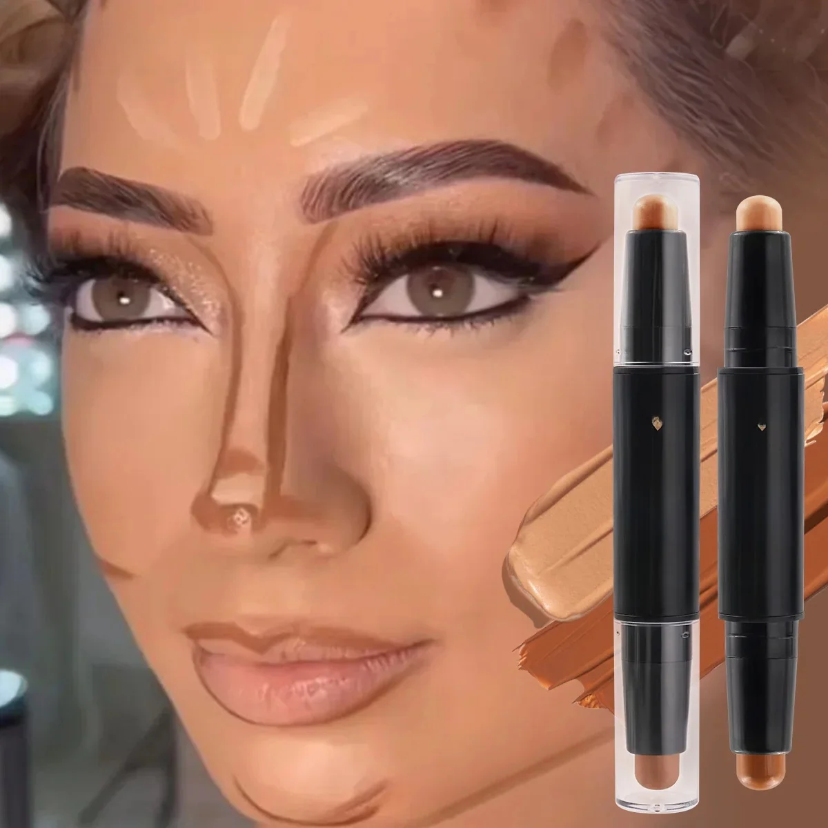 Podwójna główka Highlight Pen Makijaż twarzy Płynny wodoodporny podkład do konturowania Konturowy makijaż Korektor w sztyfcie Ołówek Kosmetyki — zdjęcie 2