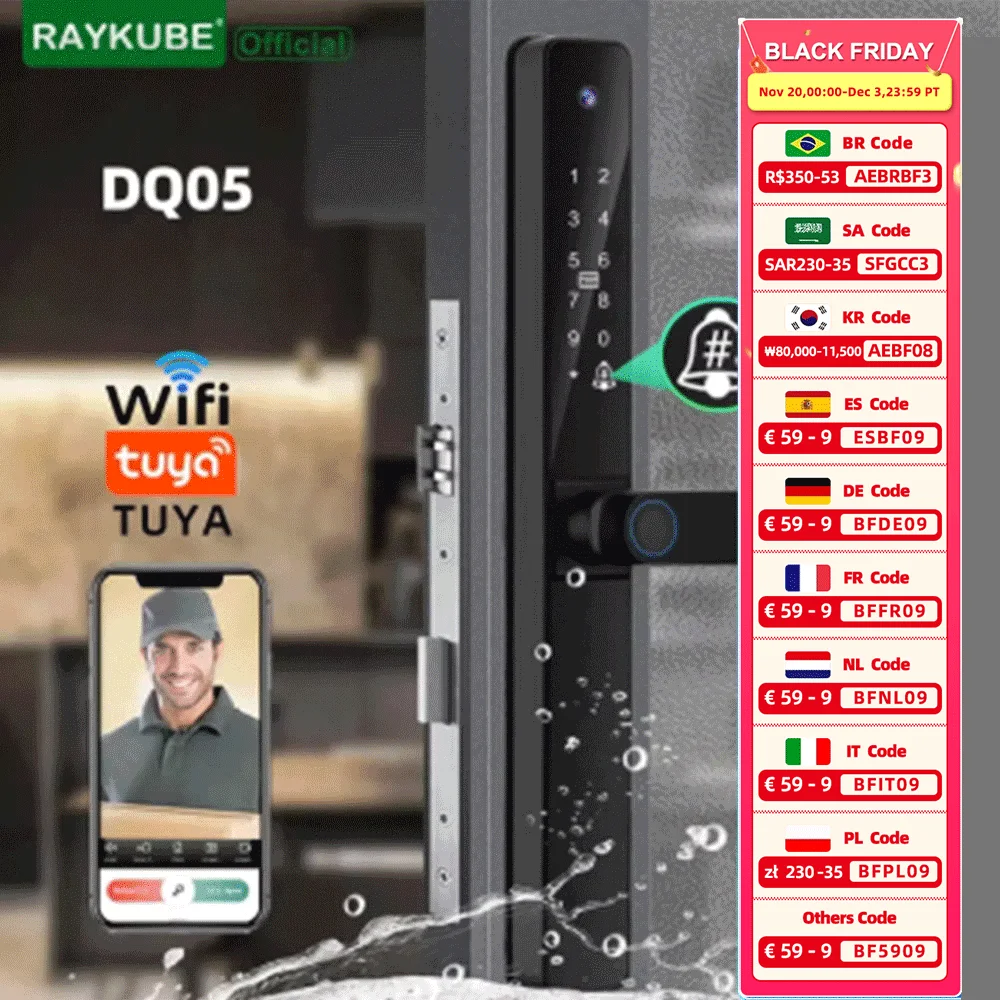 RAYKUBE DQ05 IP66 Waterproof Tuya WiFi Door Lock Aluminum Door Locks With APP Video Call Fingerprint Password IC Card Key Unlock