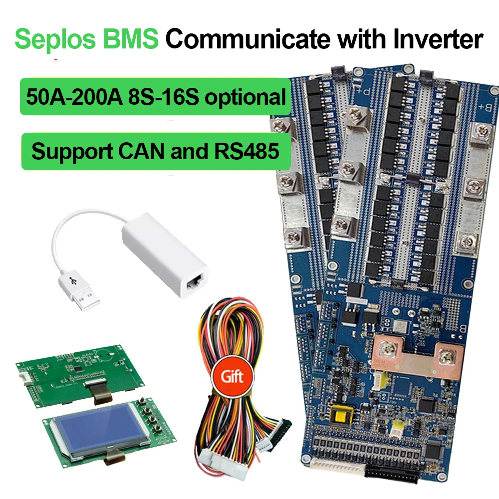 2.0 Lifepo4 V2 Seplos Smart BMS 8S 16S 100A 150A 200A With LCD NTC 24V 48V Lifepo4 Battery  BMS Energy Storage Deye Growatt