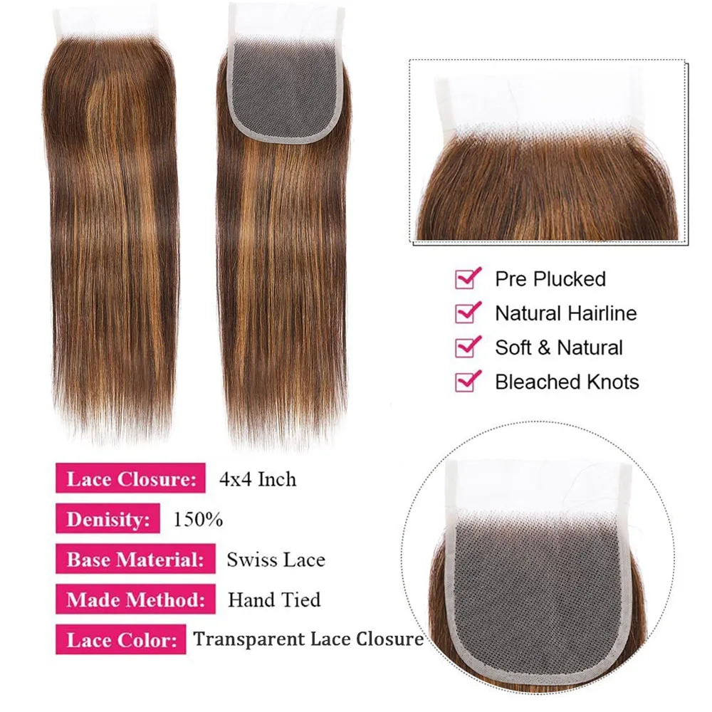 Highlight Bone Straight Bundles with Closure Brown Human Hair Bundles with Closure Ombre Honey Blonde Bundles with Closure