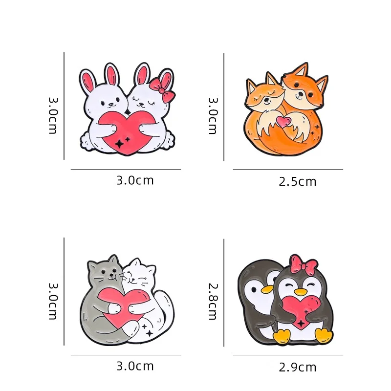 Cute Cartoon Animal Heart Lovers Enamel Brooch Creative Penguin Cat Rabbit Fox Lapel Pin Badge Backpack Clothing Hat Accessories