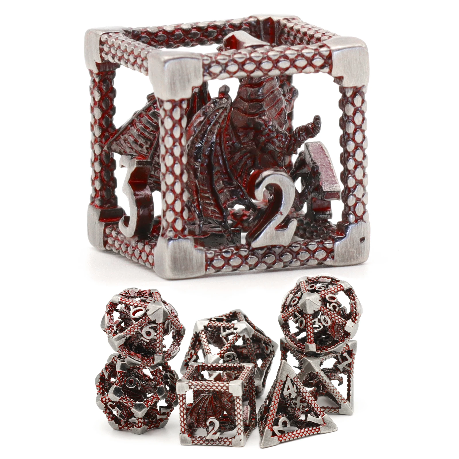 Dados de metal estilo dragão para role-playing game, dados para masmorras e dragões, rpg, vermelho sangue, 7 pcs/set