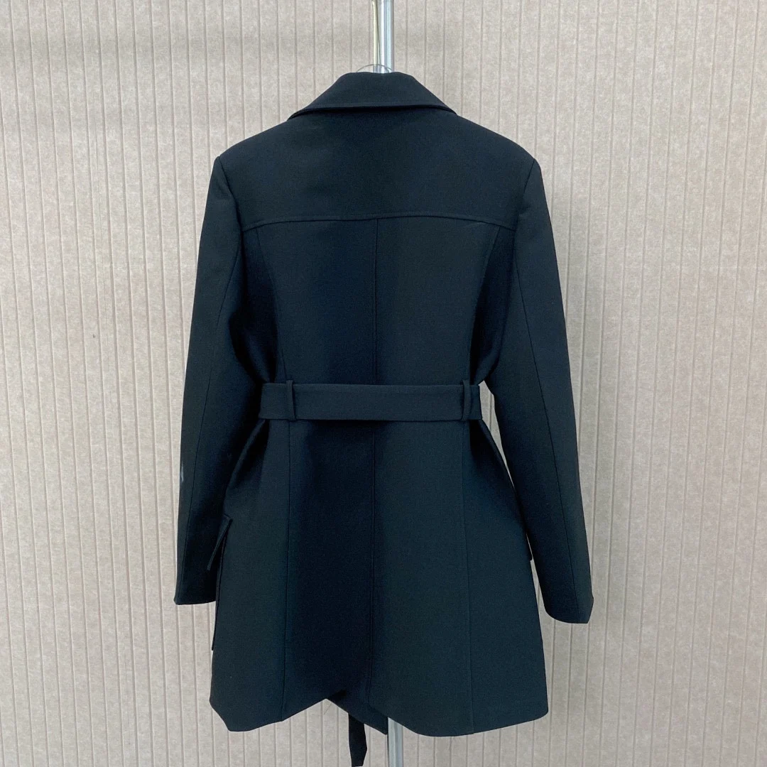 

Autumn New Black Double-breasted Lace-up Waist Mid-length Temperament Fashion Suit Jacket