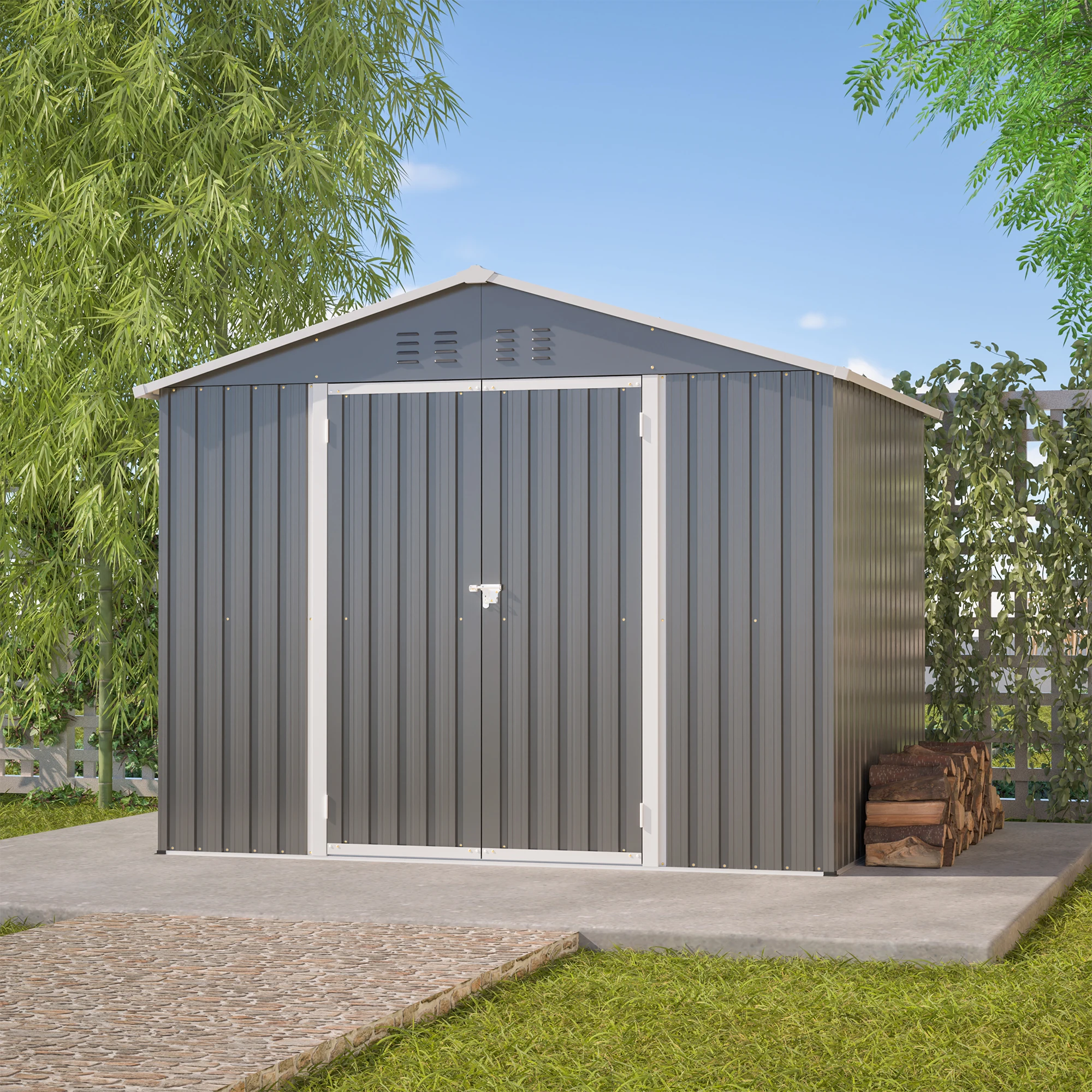 Caseta para Herramientas de Metal Gris de 8x6 Pies con Puerta Abatible, Color Antracita – Ideal para Herramientas de Jardín y Almacenamiento de Herramientas