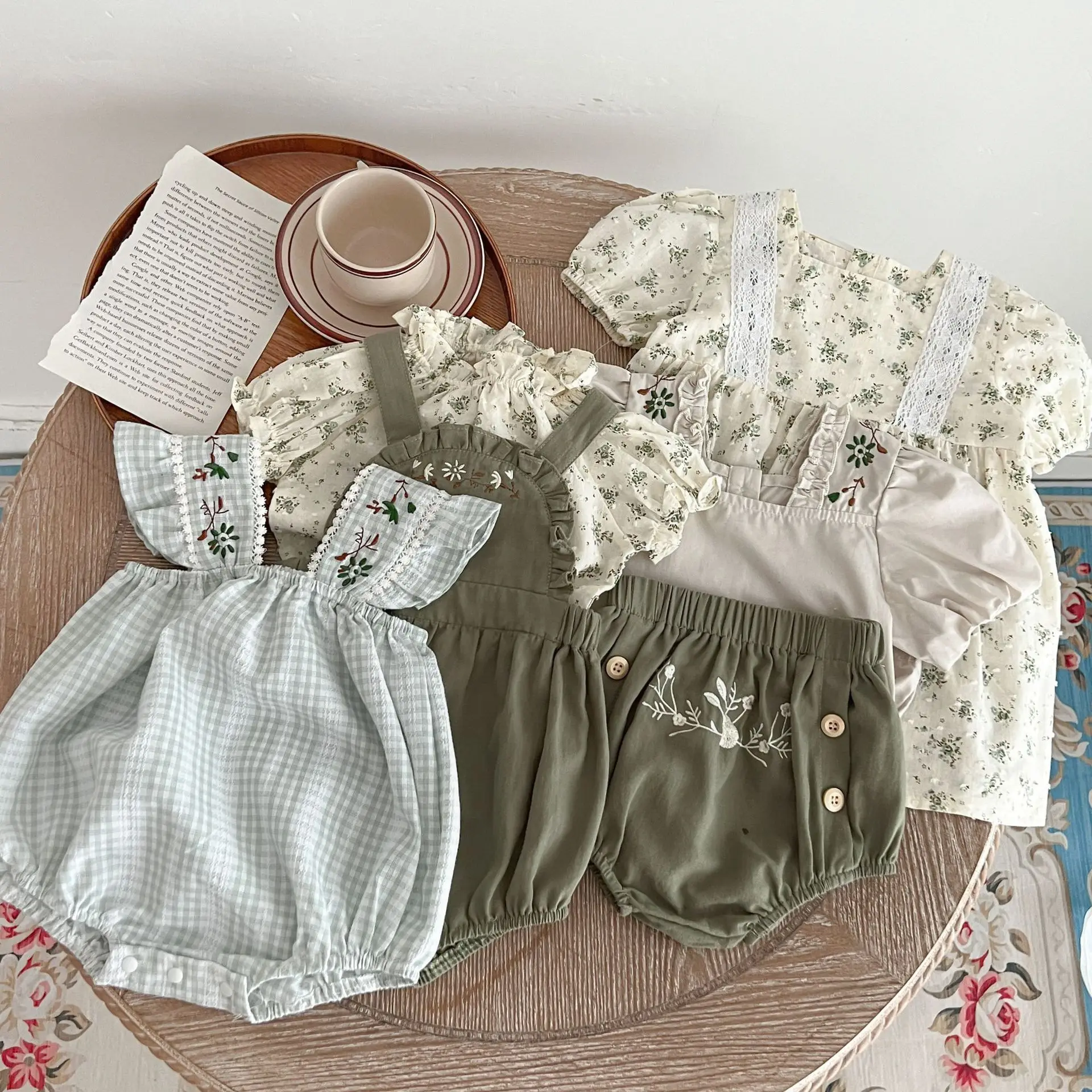 Sage Floral Embroidery Ruffle Linen Girl Bubble Romper Kids Jumpsuit Suspender Body Suit Boho Baby Overall Outfit