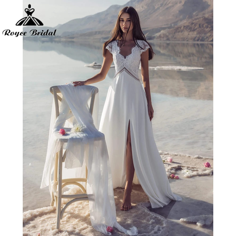 Beach Sexy Side Slits V Neck Short Cap Sleeve Backless Lace Chiffon A Line Wedding Dress For Women 2025 Bride Gown vestido robe