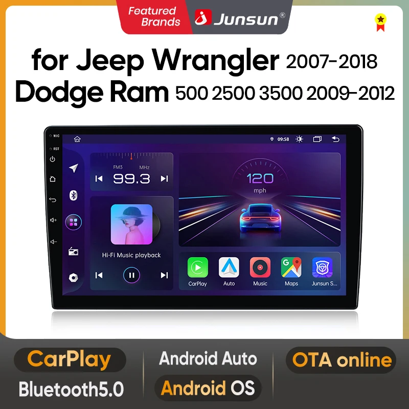 junsun Car Radio Android Auto CarPlay Head Unit GPS for Jeep Wrangler JK 2007-2018 Dodge Ram 1500 2500 3500 2009-2012Android 13 with Wireless CarPlay Android Auto  Android Carplay Bluetooth Car Radio
