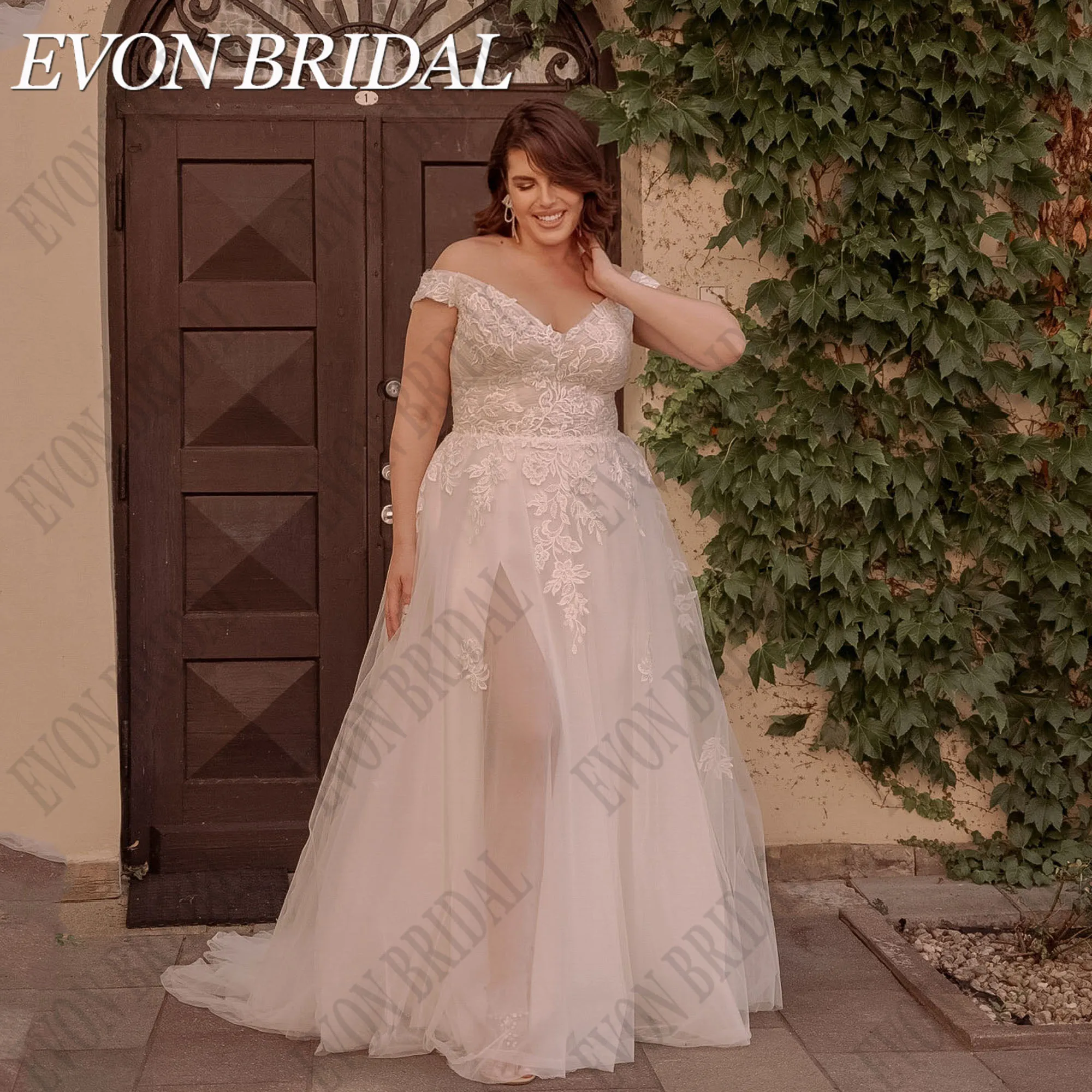 

EVON BRIDAL Plus Size Wedding Gowns Off Shoulder Backless Side Split Boho Bride Dresses Women Vestidos De Novia Applique A-Line