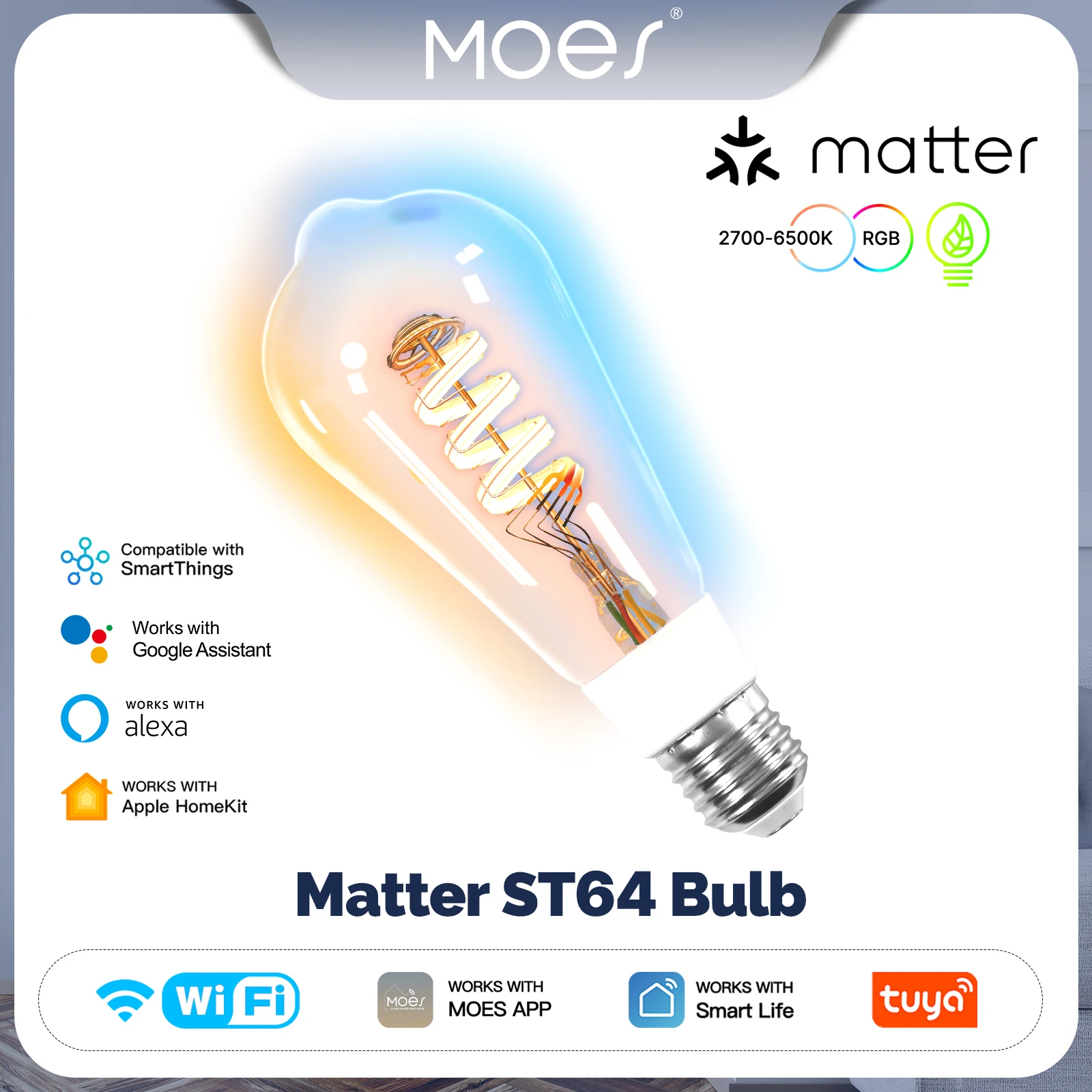 MOES Smart ST64 Edison LED-Glühbirne, Tuya Matter 16 Millionen RGB-Farben, 2700K-6500K, Dimmbar, Kompatibel mit Alexa/Google Home