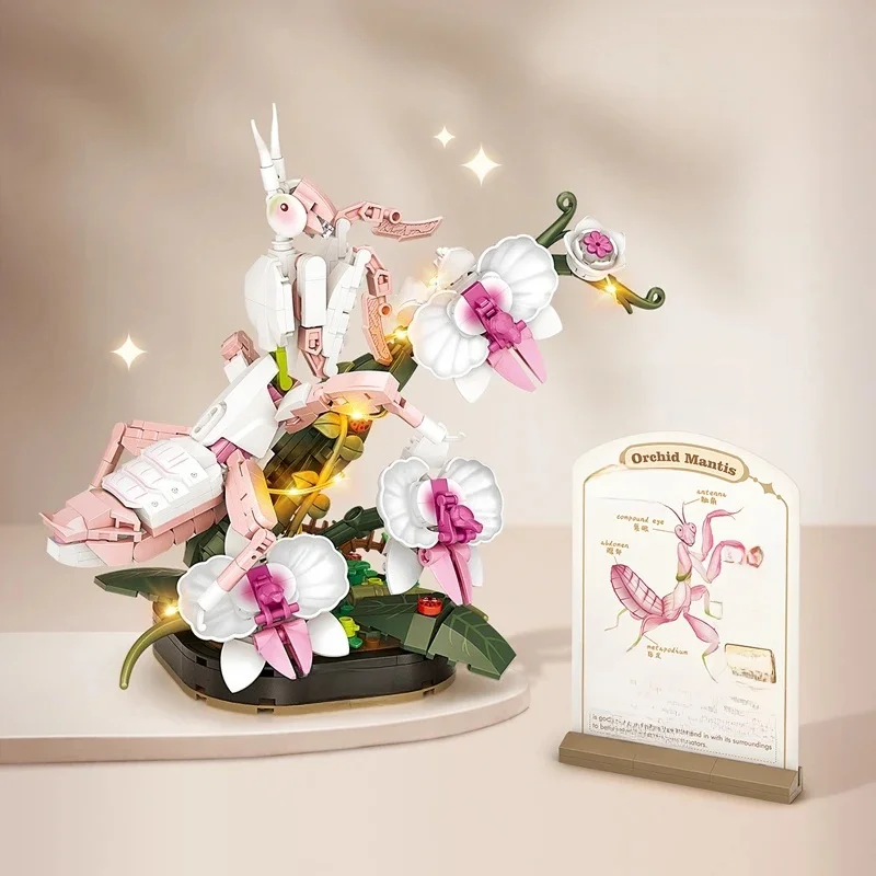 Blocs de construction à petites particules pour enfants, ensemble de jouets, série d'insectes, orchidée en pot, modèle de mantis, assemblage, jouet pour fille, cadeau, 478 pièces