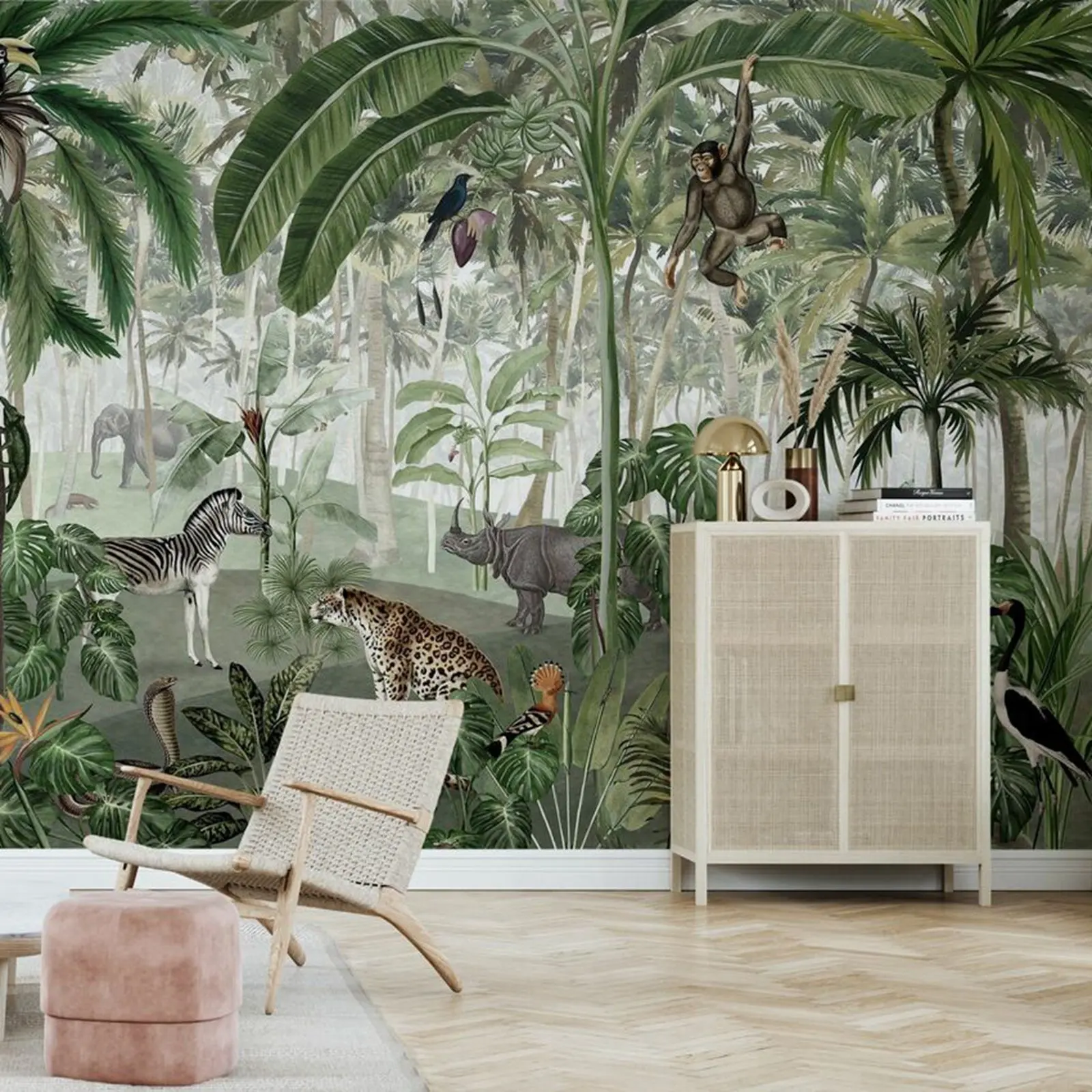 Jungle Lookbook Wallpaper, animal kingdom forest wall paper mural with exotic animals ranging from hippos, rhinos and elephants