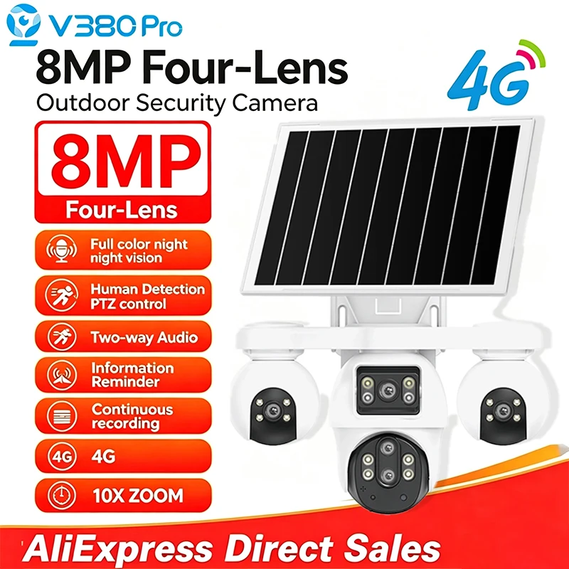 V380 PRO 8MP 4G Solar-Sicherheitskamera mit 4 Objektiven, 3-Bildschirm-Display, 10-fachem optischem Zoom, KI-Menschenerkennung, automatischer Verfolgung, IP66 wasserdicht, Überwachungskamera für den