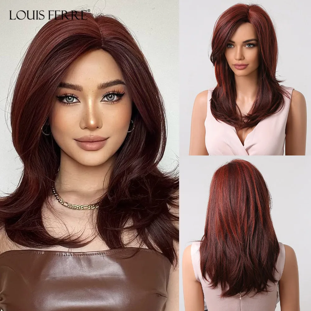 Modiis Ferre-Perruque Synthétique Lisse avec Raie Latérale pour Femme, Cheveux Longs Rouges, Bordeaux, Mèches Mélangées, Degré de Chaleur