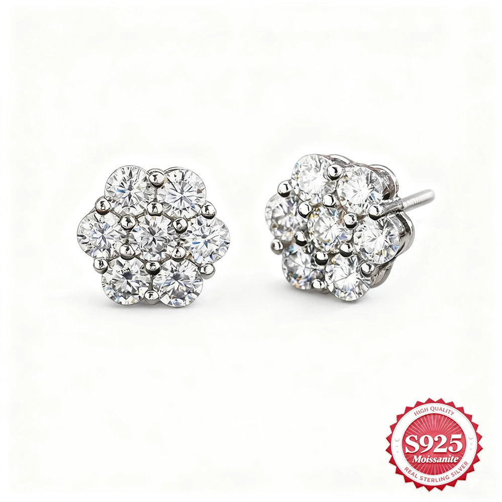 

S925 Silver D Color VVS Synthetic Moissanite Flower Stud Earrings Screw Back Men Women Birthday Anniversary Valentine's Day Gift