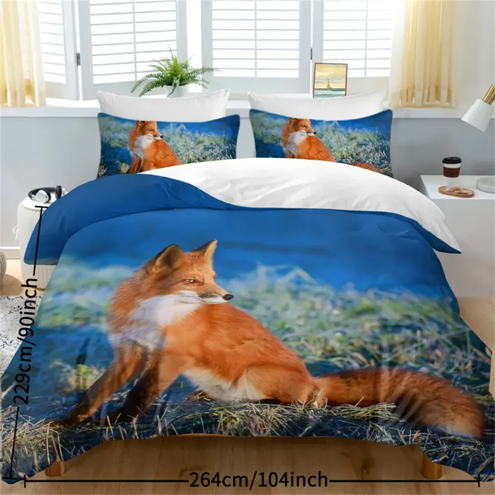 Looking Back Fox Design Bedding Sets 3 Piece Orange Blue Duvet Cover Set Fox Animal Bedspreads with 2 Pillowcases