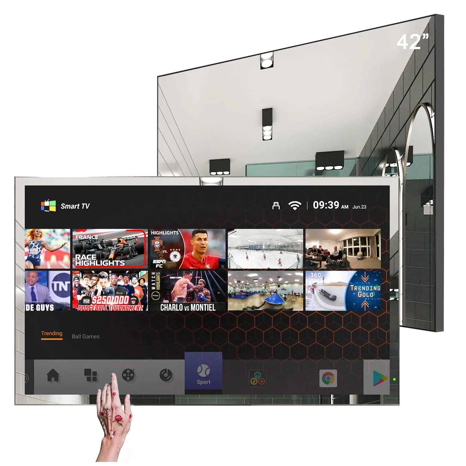 

Souria 42 inch 4K UHD Screen Mirror TV Full Touchscreen Waterproof for Bathroom SPA Salon DTV System DVB-T, T2, C ATSC