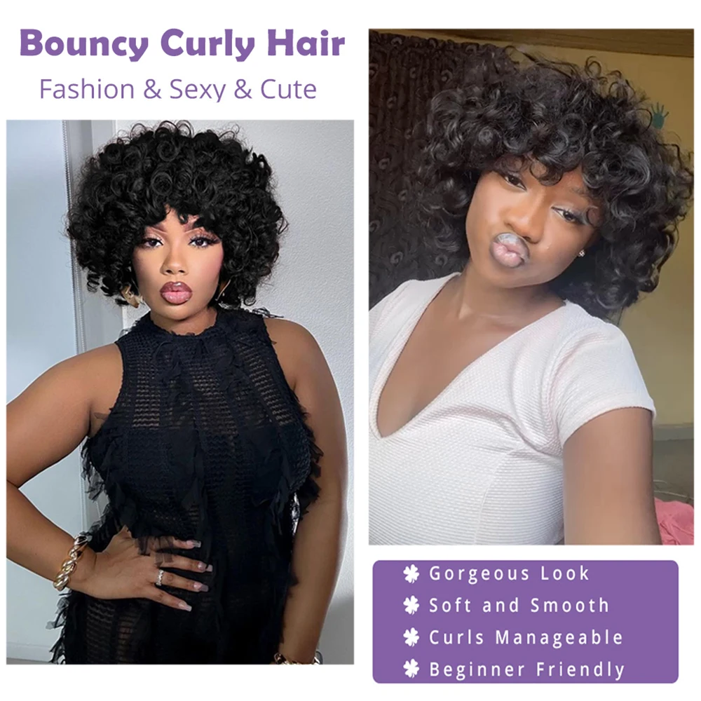 Afro Rose Curly Funmi Perruques avec Bang, Perruque Bob Courte Bouncy Curly avec Frange, Fabriqué à la Machine, Perruque de Cheveux Humains pour