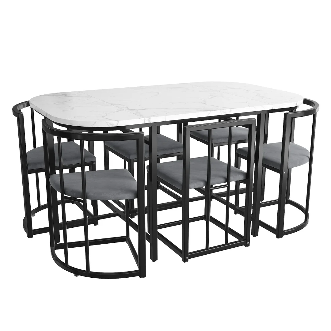 Juego de mesa de comedor de seis sillas: (mesa blanca, sillas con respaldo y tapicería gris, estructura de hierro negra), mesa de comedor