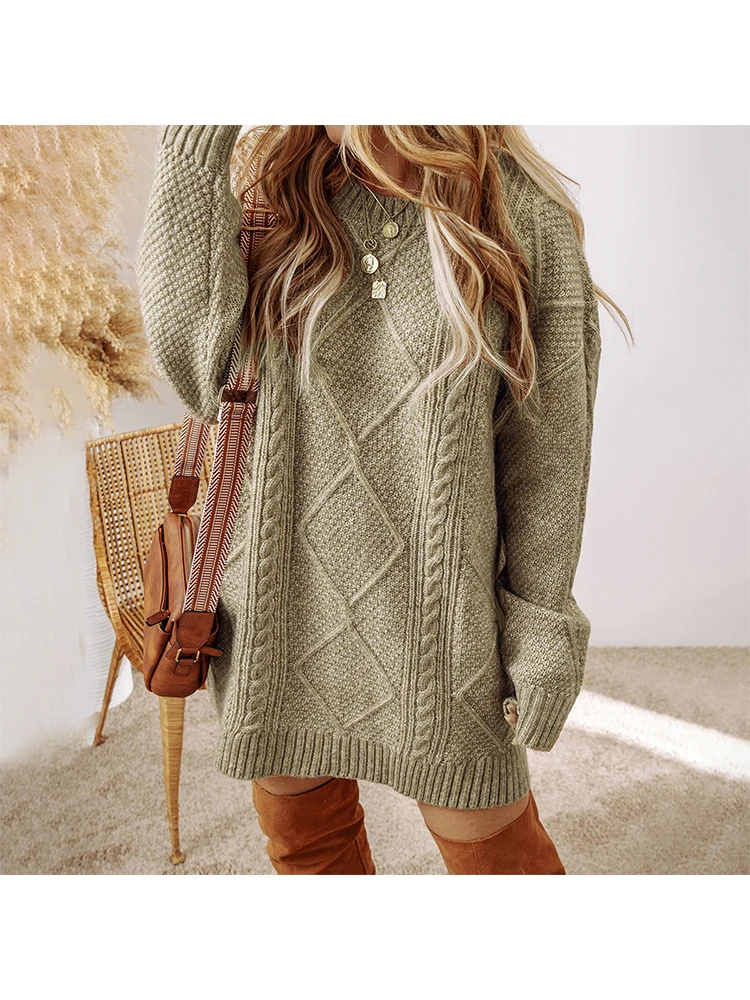 

Plus Size 2024 Autumn and Winter New Women's Casual Loose Round Neck Long Sleeve Midi Dress Winter models