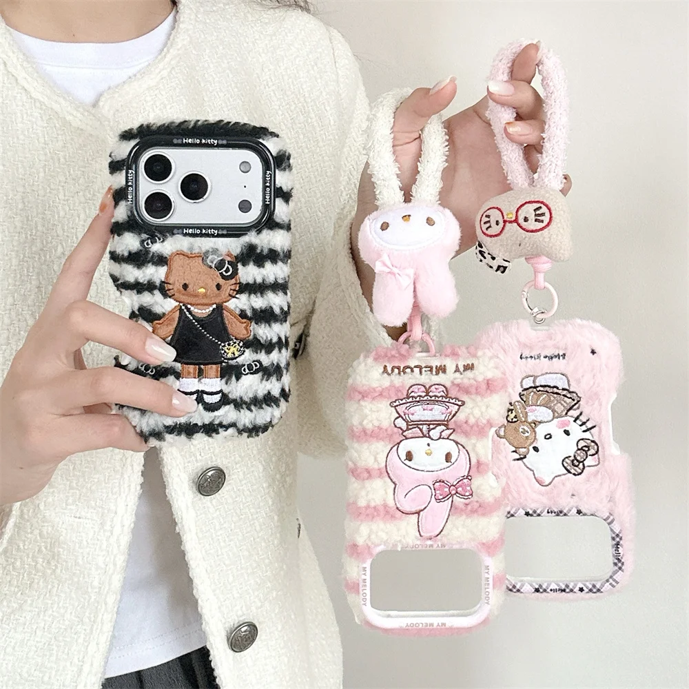 

Cute cartoon plush winter HelloKitty phone case with lanyard, suitable for iPhone 17 Pro Max 14 15 16 13 Pro Max Pro Pro series