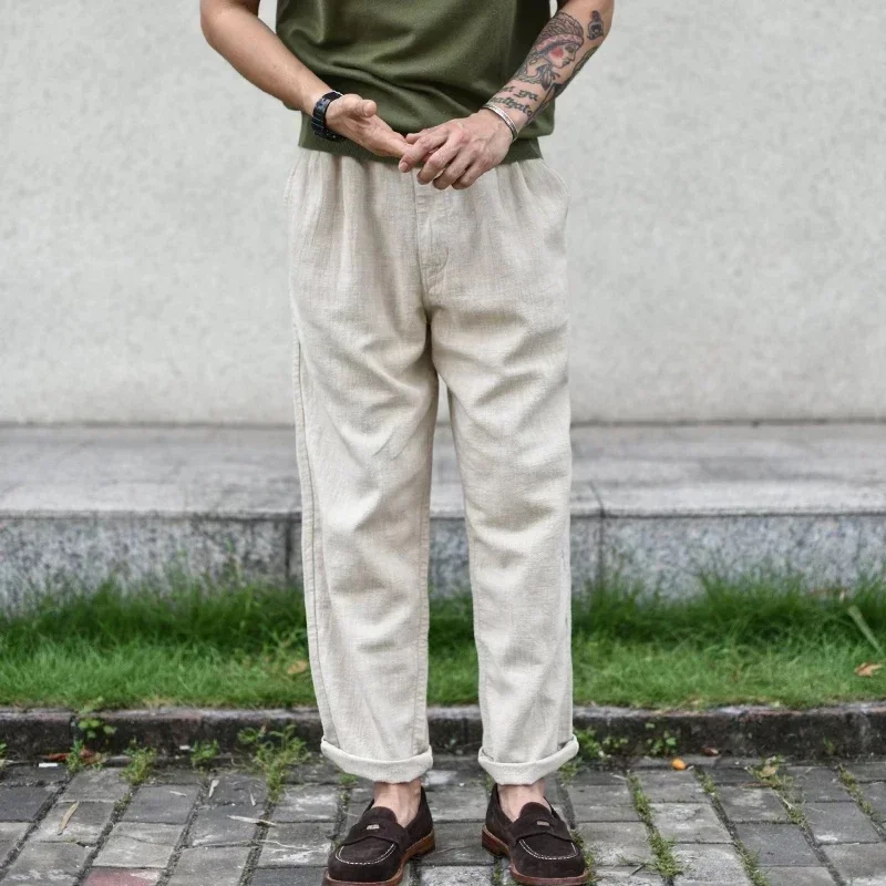 Sauce Zhan Herrenhose, Ramie-Hose für Herren, Sommer, atmungsaktiv, Freizeithose, knöchellang, lockere Passform, schmales Bein